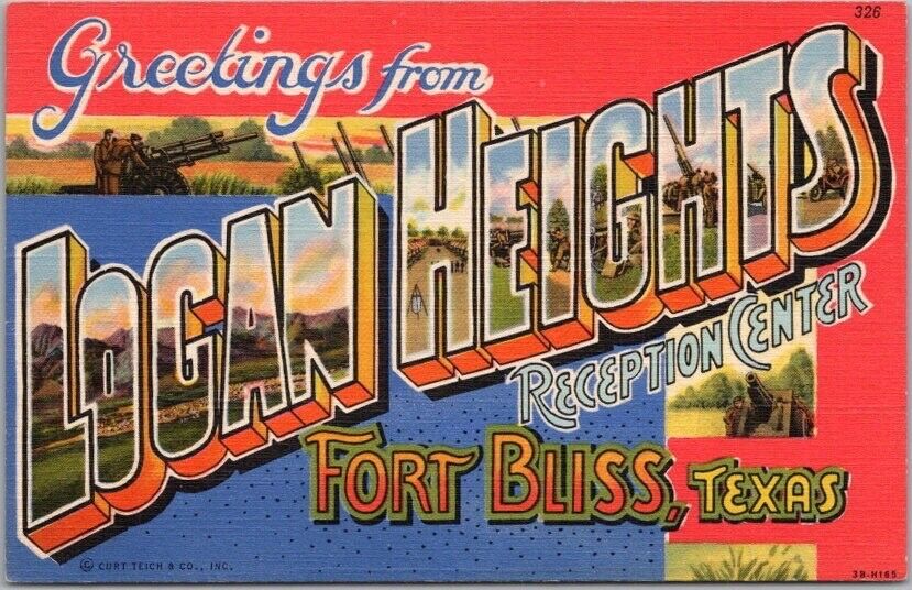 c1943 LOGAN HEIGHTS Fort Bliss Texas Large Letter Linen Postcard Army WWII 1943