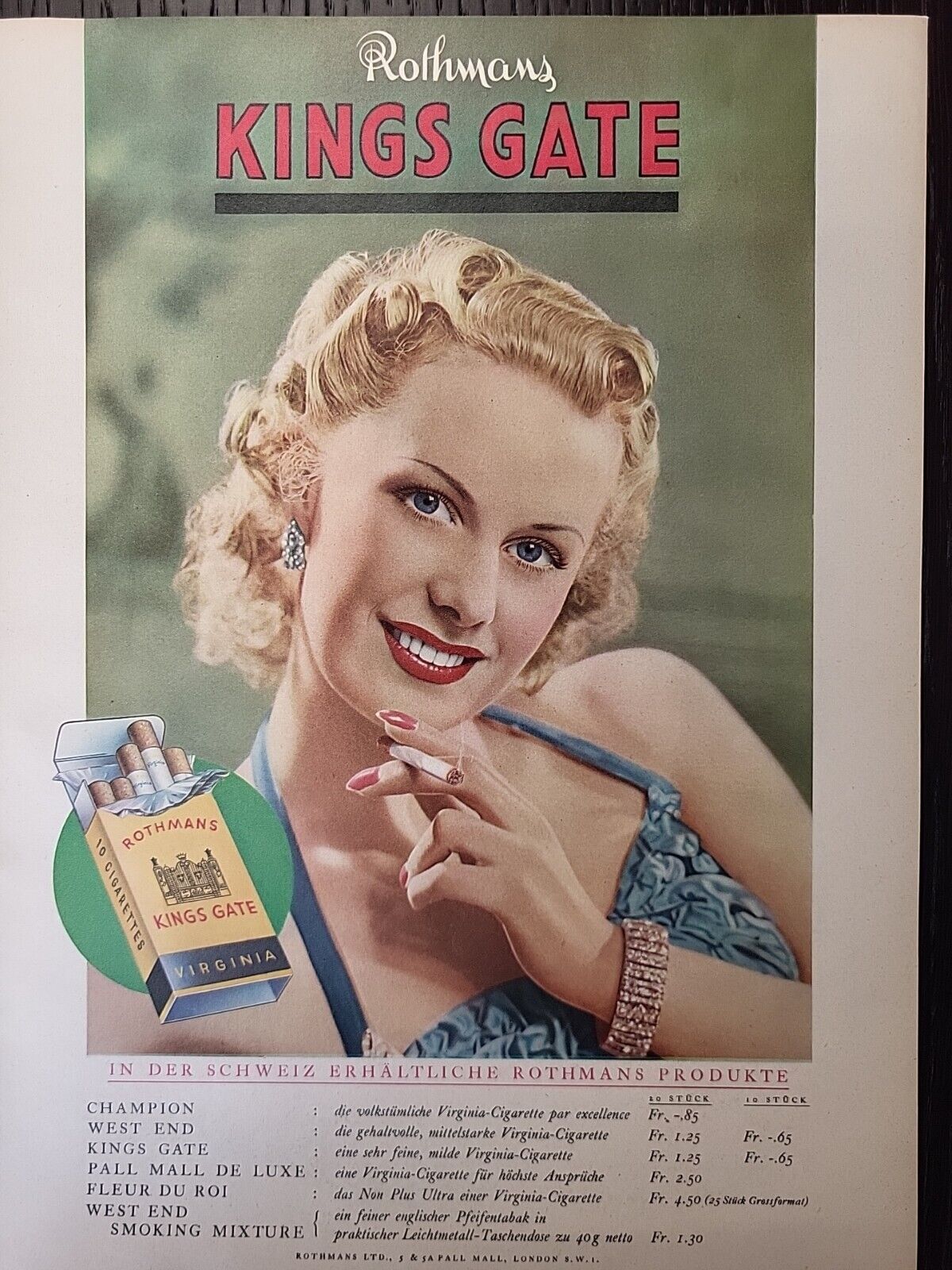 Rothmans Kings Gate Cigarettes 1947 Print Ad Du Magazine Swiss German Blonde