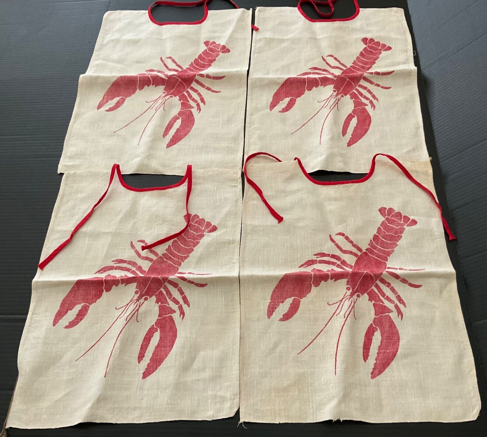 Vintage Cloth * Linen ? Set Of 4 Seafood * Lobster White w/  Red Bibs*