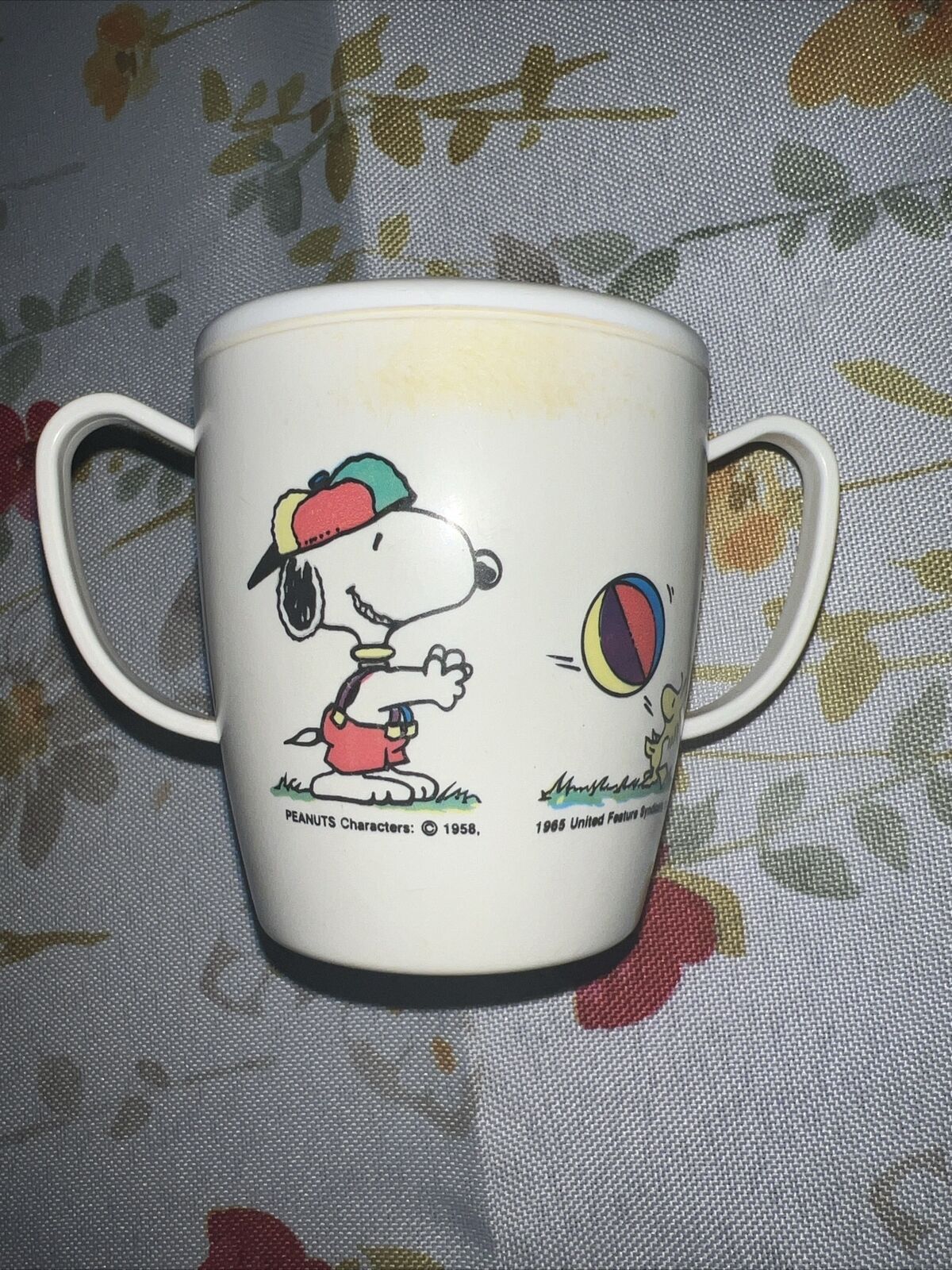 Vintage Peanuts Snoopy & Woodstock Double Handled Cup Danara 1965