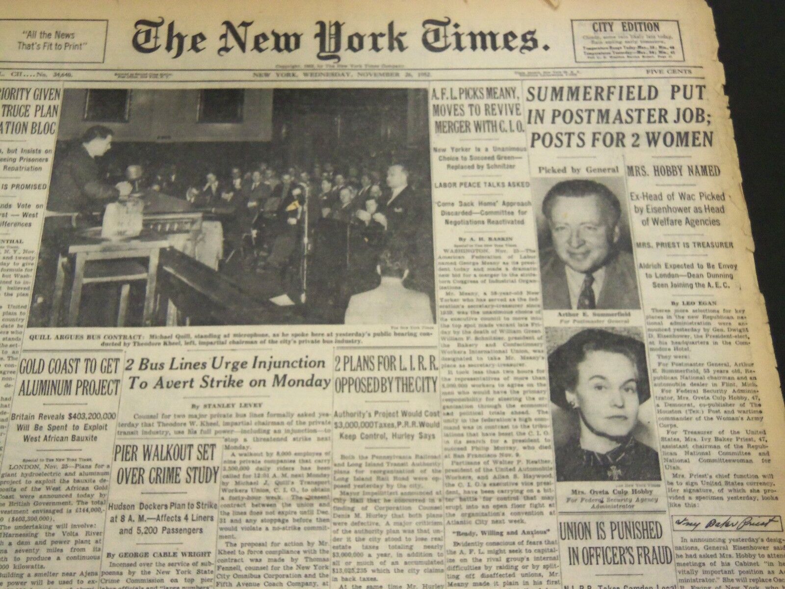 1952 NOV 26 NEW YORK TIMES - SUMMERFIELD PUT IN POSTMASTER JOB - NT 4596