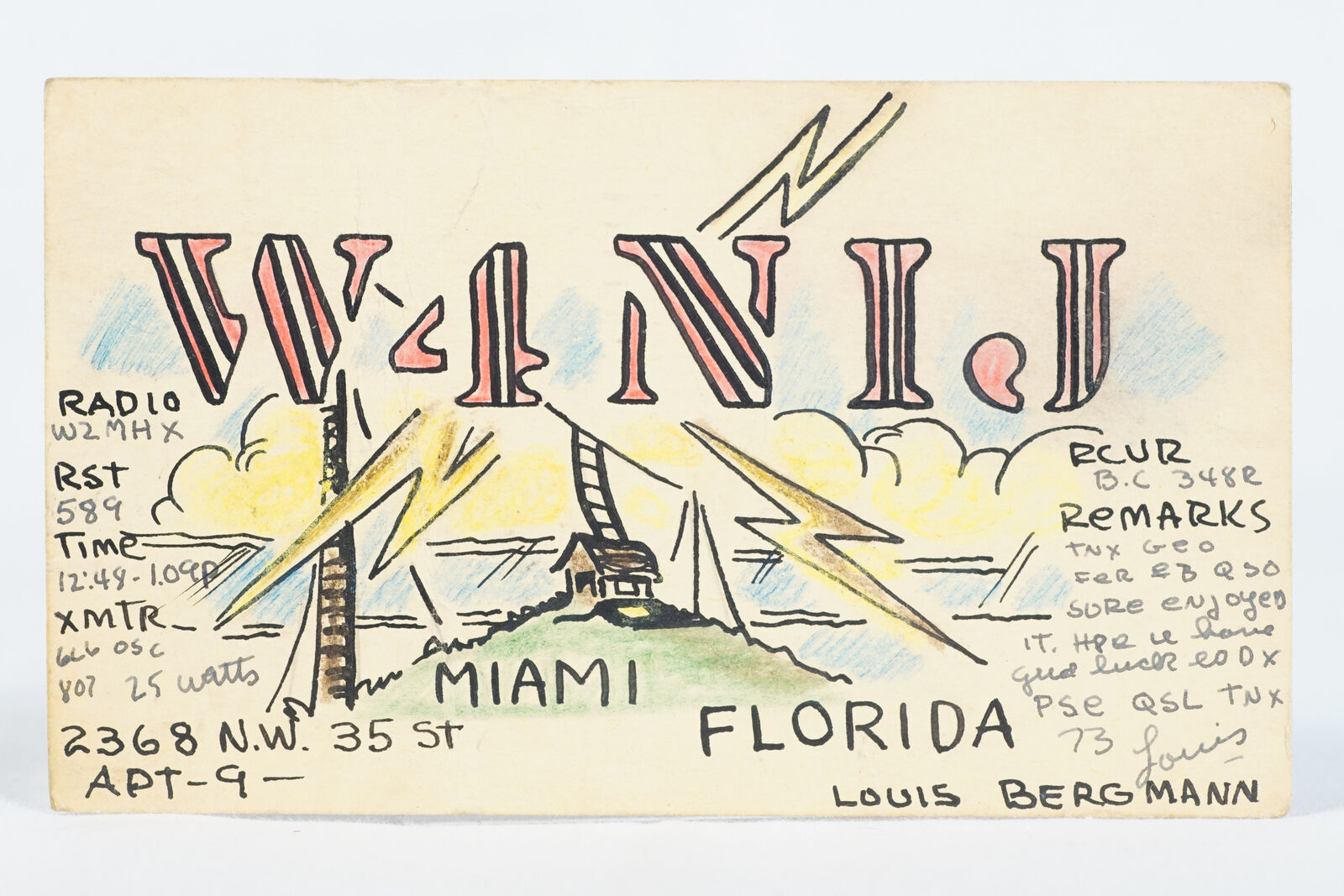1948 Hand Colored Amateur Ham Radio QSL Card Miami Florida W4NIJ Louis Bergmann