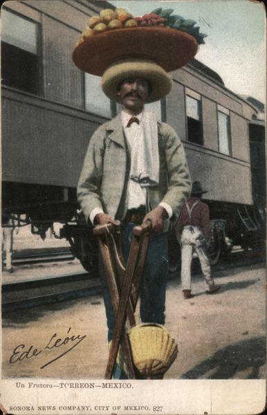 Mexico Torreon,CO Man with Large Platter of Fruit on His Head Coahuila Postcard
