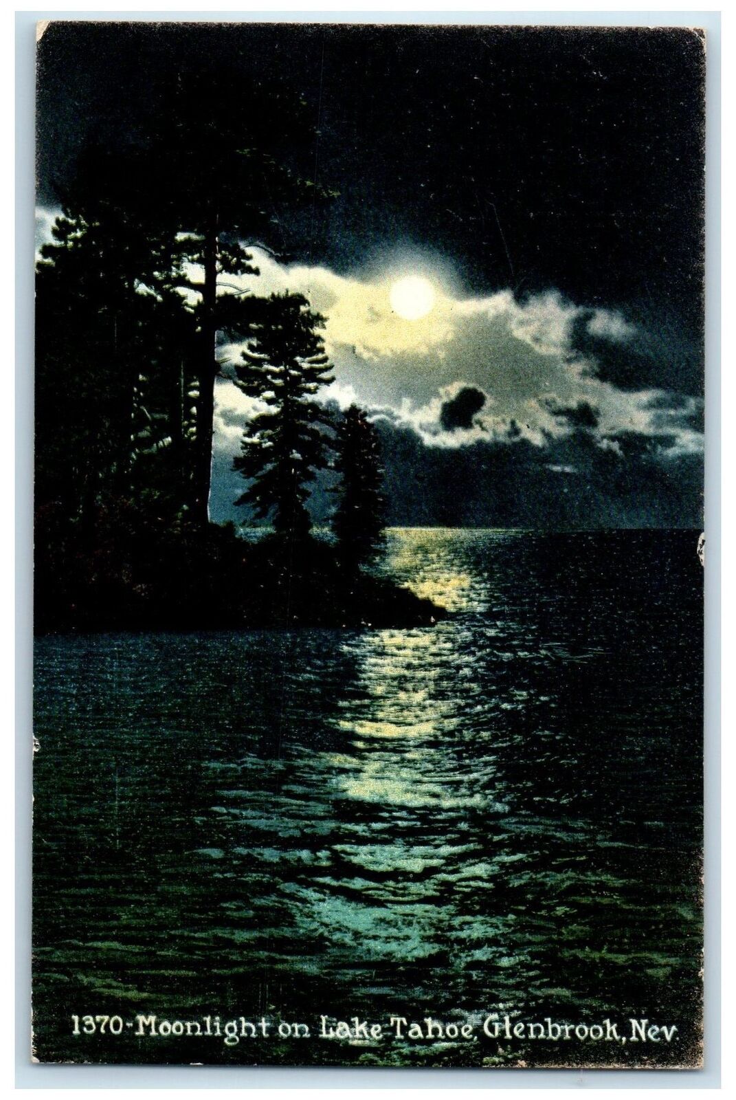 1915 Moonlight Scene On lake Tahoe Glenbrook Nevada NV Posted Moon Postcard