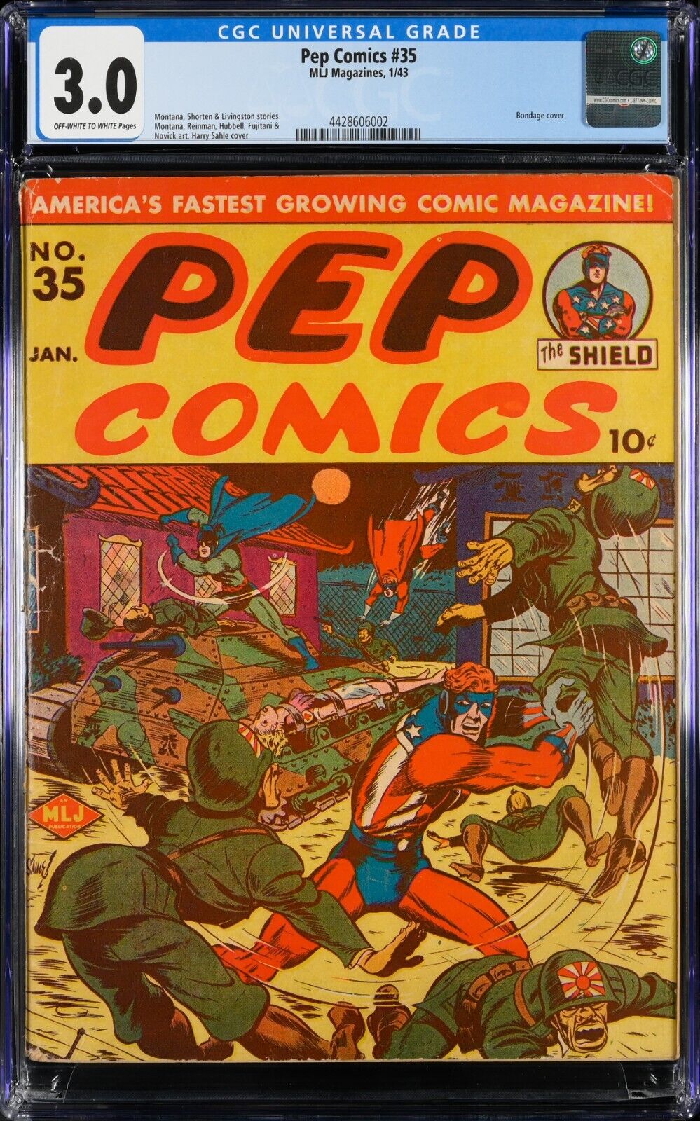 PEP COMICS #35 CGC GVG 3.0 (MLJ 1943) JAPANESE WWII BONDAGE COVER