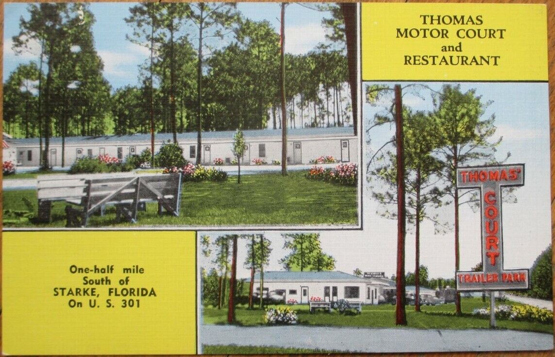 Starke, FL 1940 Postcard: Thomas Motor Court & Restaurant - Florida Fla