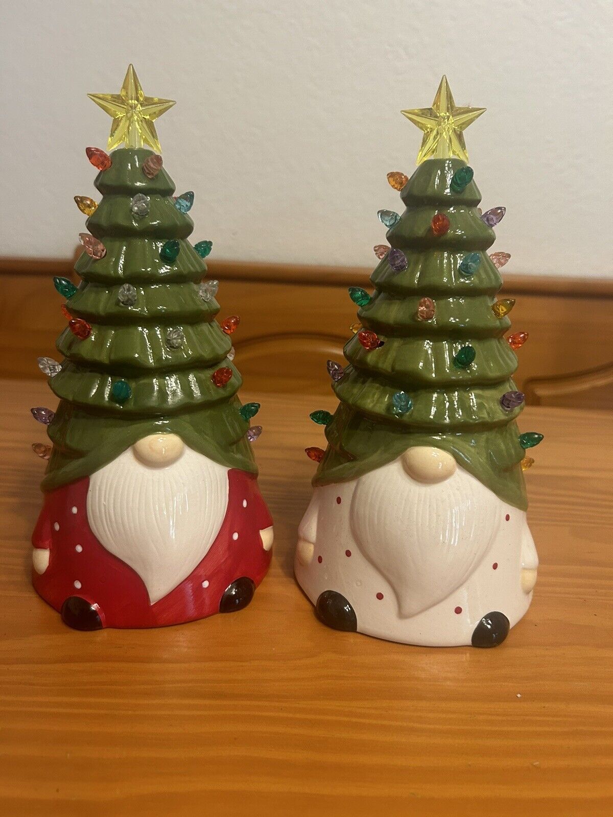 9” Christmas Tree Ceramic Gnome Set Of 2 Light Up