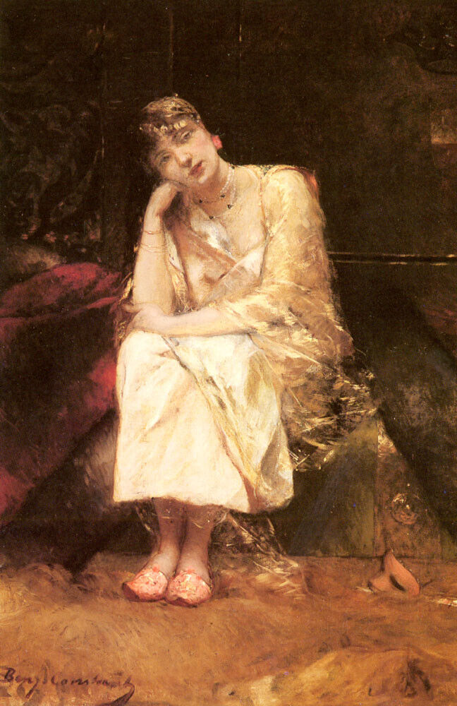 Oil painting nice young lady woman girl seated Contemplation-Benjamin-Constant