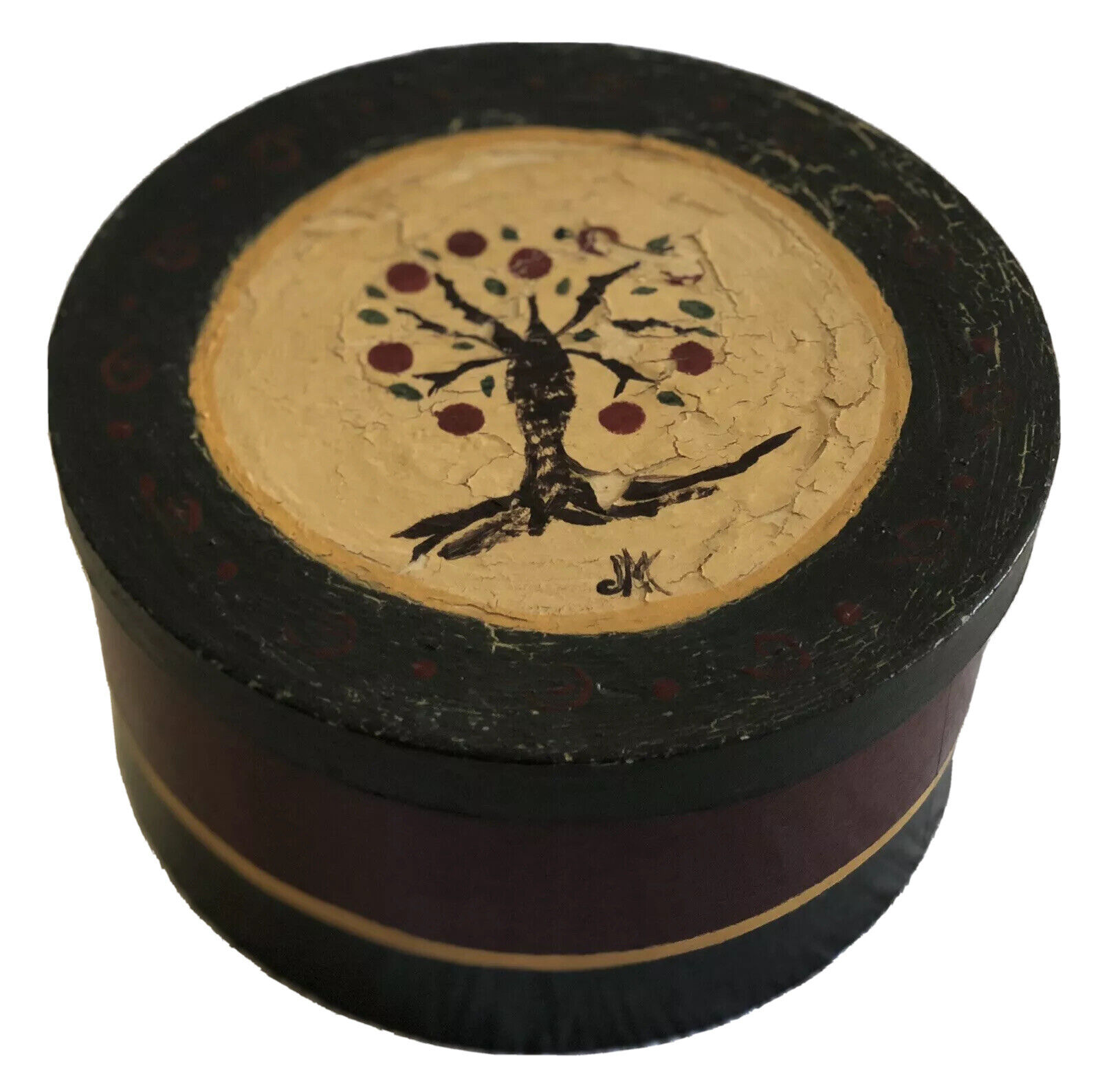 Round Storage Box Handmade, Handpainted with Apple Tree (9”x5”) Vintage Folk Art