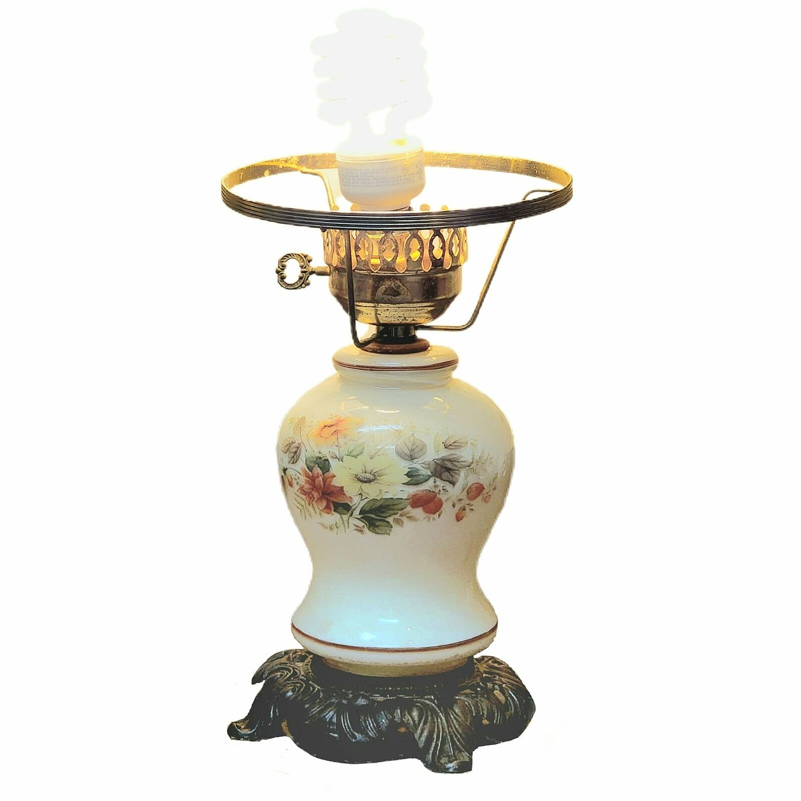 Vintage GWTW Hurricane Table Lamp Wild Flowers Glass Brass Large Metal Antique