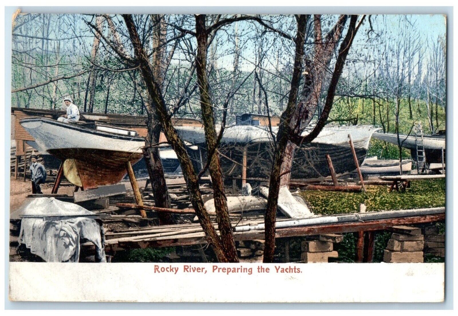 c1905 Rocky River Exterior Ship Boat Preparing Yachts Ohio OH Vintage Postcard
