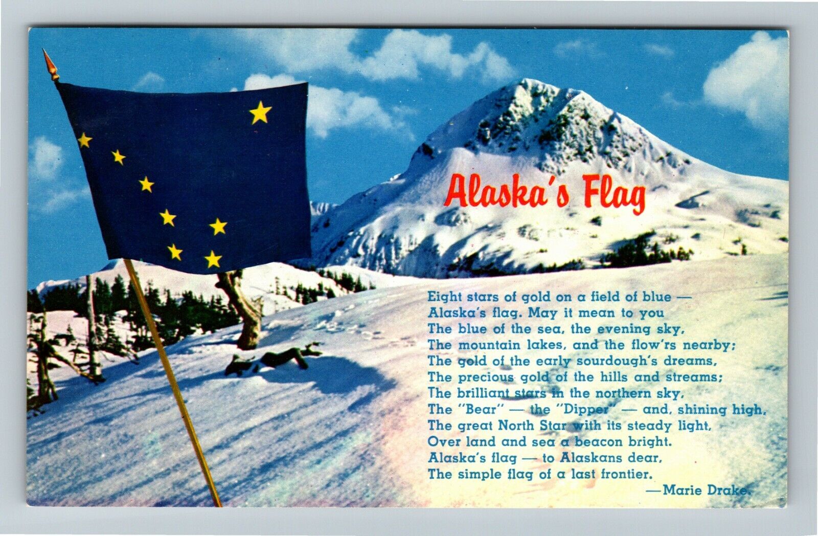 AK-Alaska\'s Flag 49th State Song Lyrics by Marie Drake Vintage Souvenir Postcard