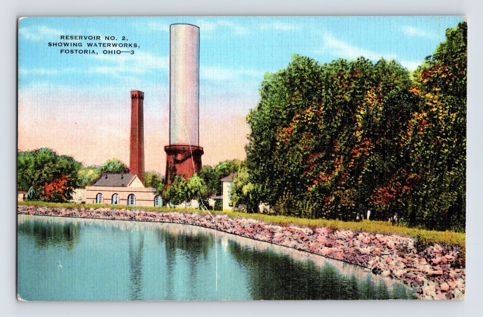 Postcard Ohio Fostoria OH Waterworks Reservoir 2 1940s Unposted Linen