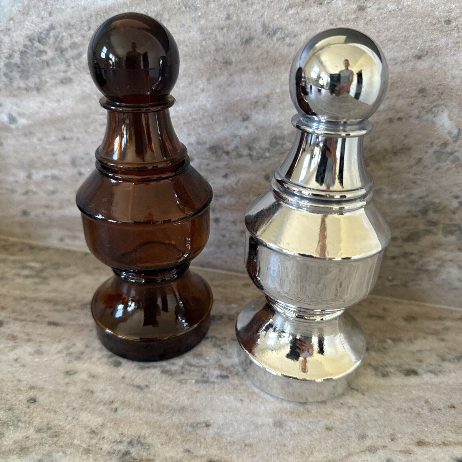 Set Of 2 Pawn Chess Piece Avon Silver And Brown Bottles