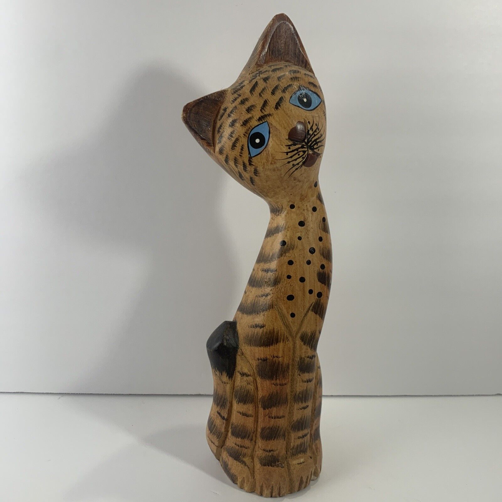 Vintage Mid Century Mod Hand Carved Cat Figurine~Hand-painted Retro~12”~Gift