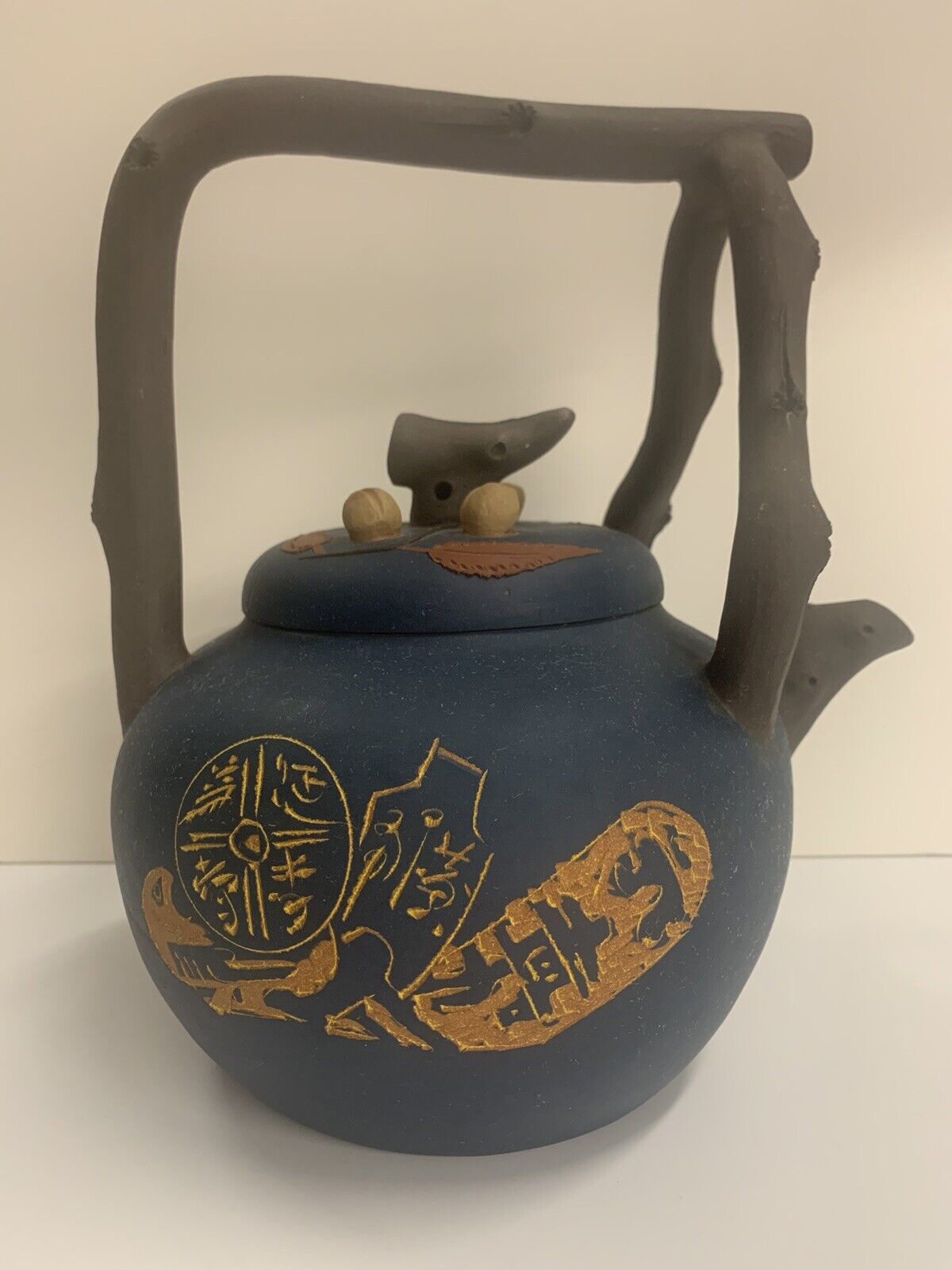 Vintage Chinese Yixing Blue Clay Teapot Handmade & Painted Tree Branch Handle