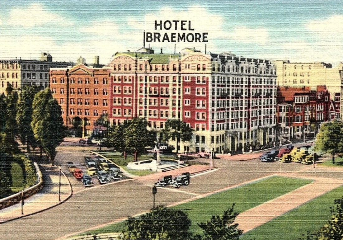 1930s BOSTON MA HOTEL BRAEMORE COMMONWEALTH AVE AERIAL VIEW LINEN POSTCARD P1466