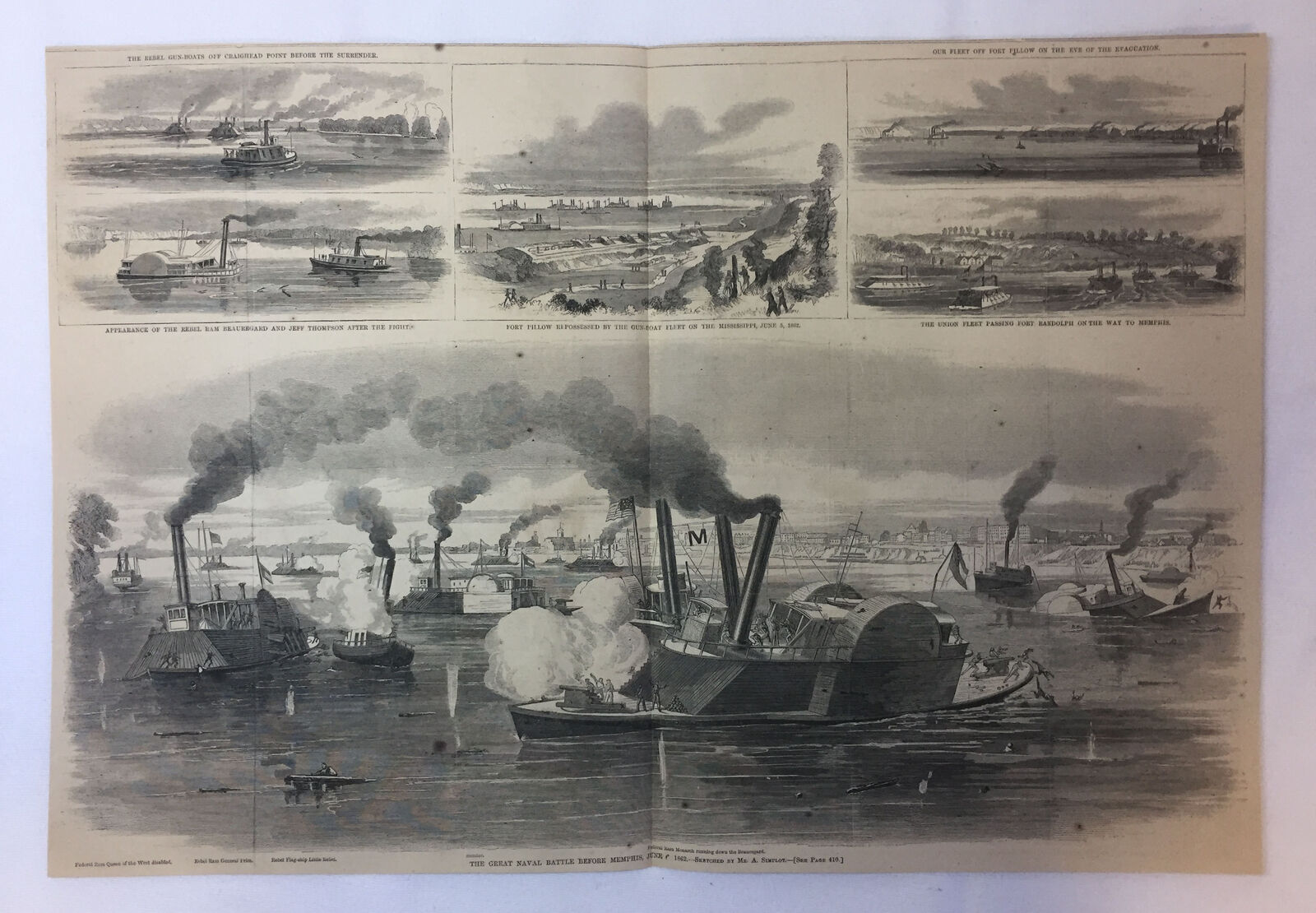 1862 magazine engraving~14x21~GREAT NAVAL BATTLE BEFORE MEMPHIS Civil War