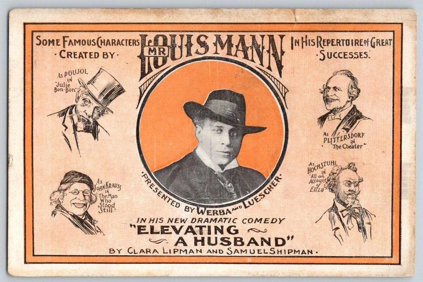 Antique Postcard~ Theater Show Poster~ Mr. Louis Mann In Elevating A Husband
