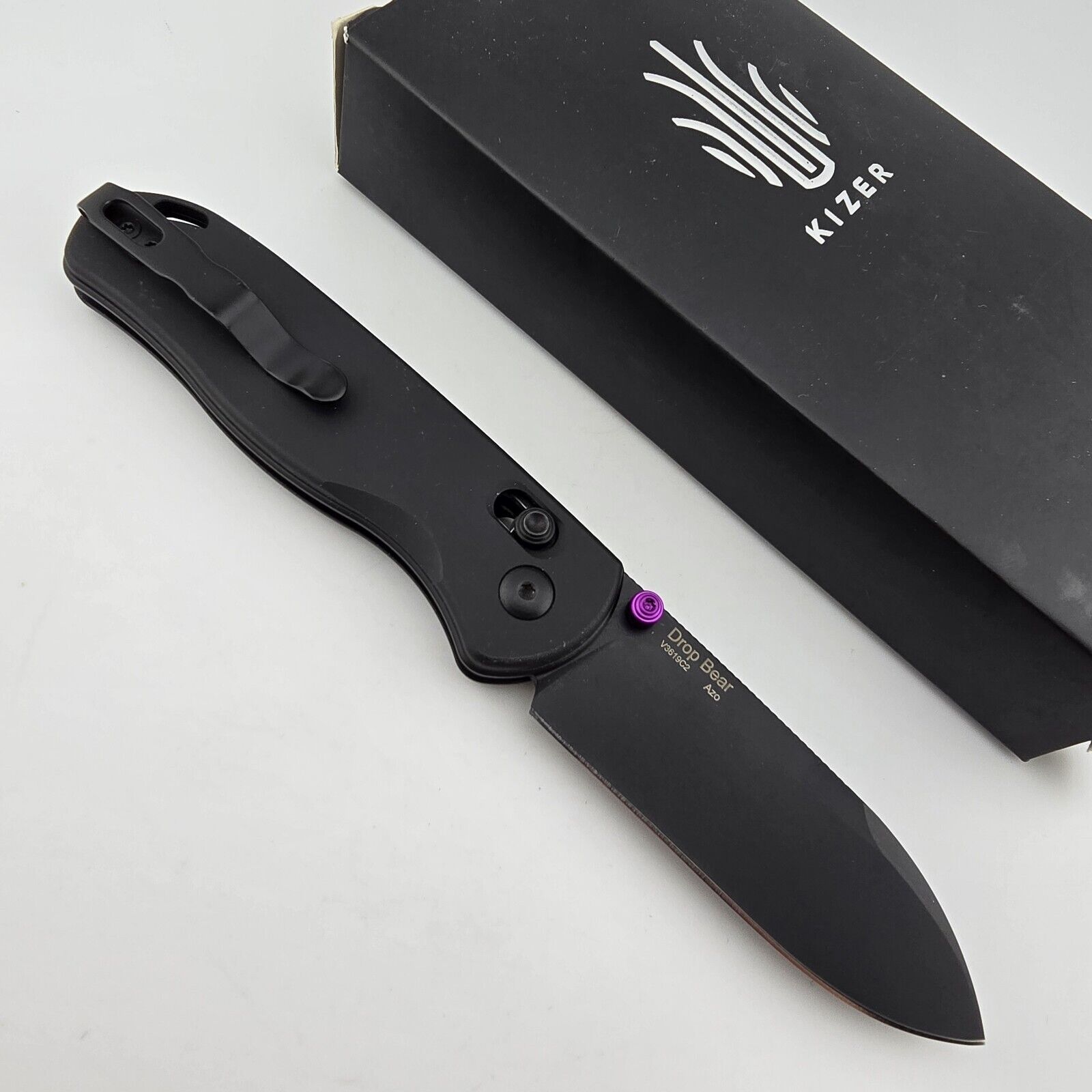 Kizer Drop Bear Folding Knife Black Aluminum Handles Black 154CM Blade V3619C2