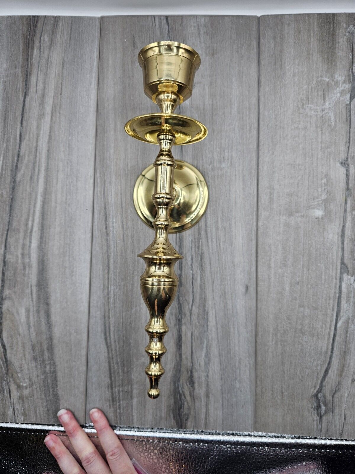 Vintage Large Polished Brass Single Candlestick Wall Sconce Candleholder, 11\'\'