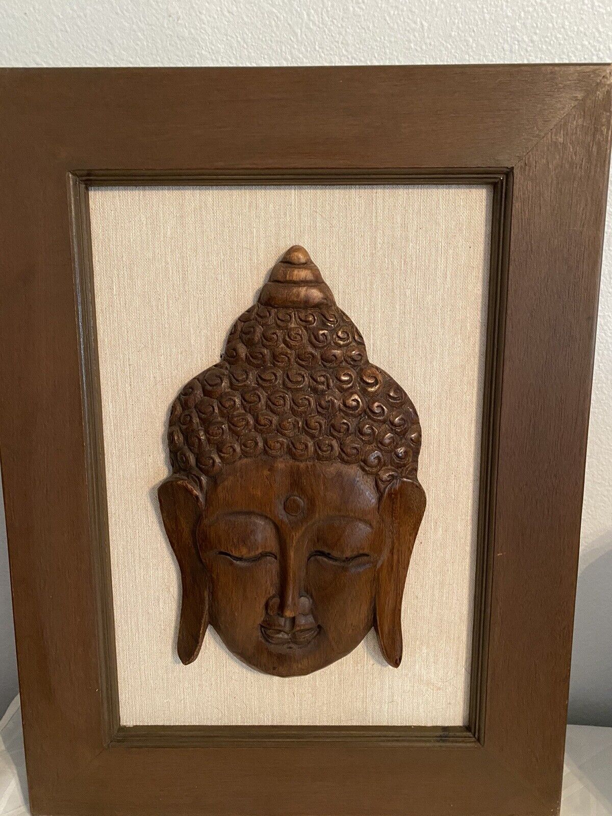 Hand Carved Wooden Buddha Face Framed Solid Wood 8 Lbs, 24x18, Face 14x8.5