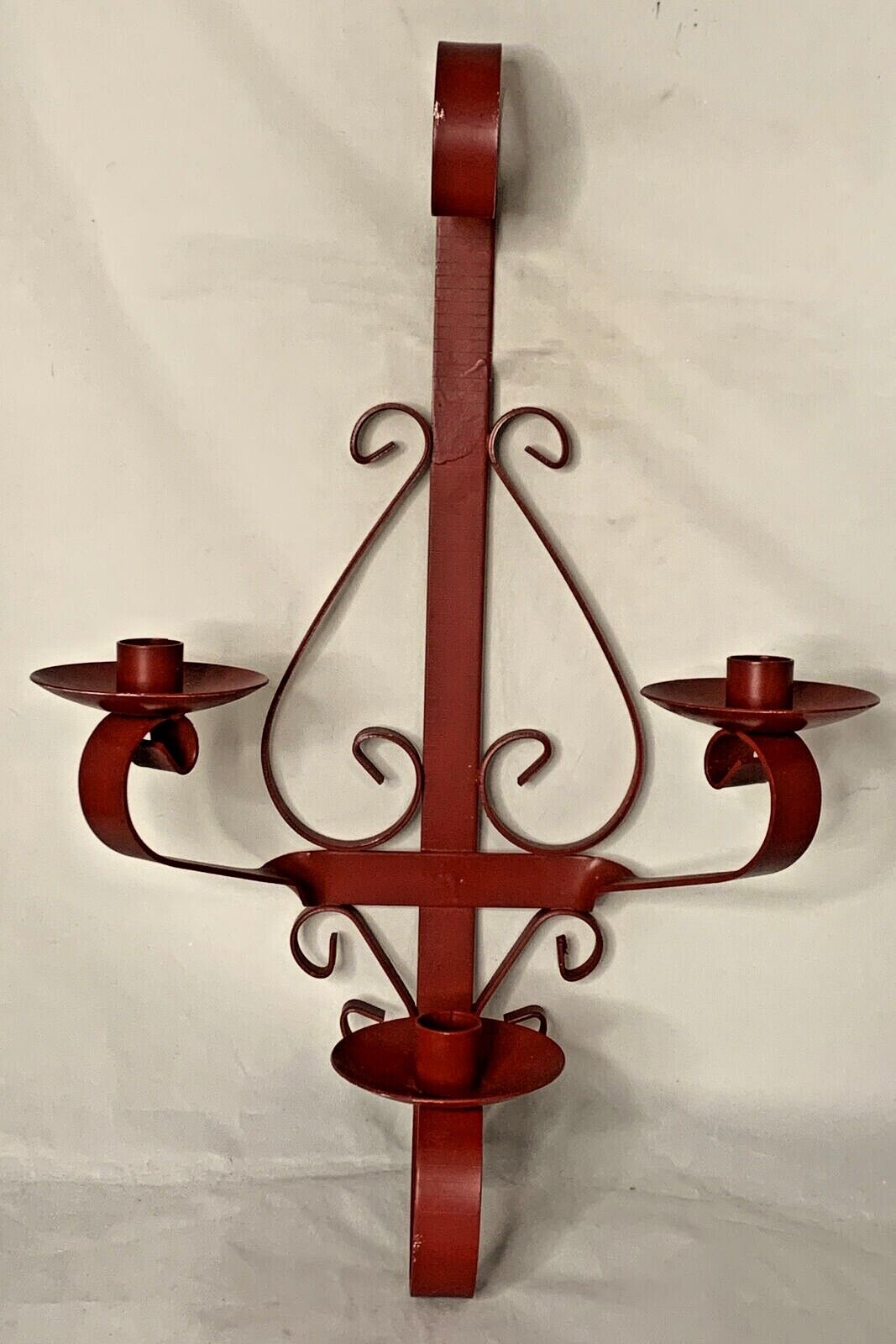 Vintage WROUGHT IRON Hanging Triple Candle Holder Brick Red 18.5” tall x 13” W