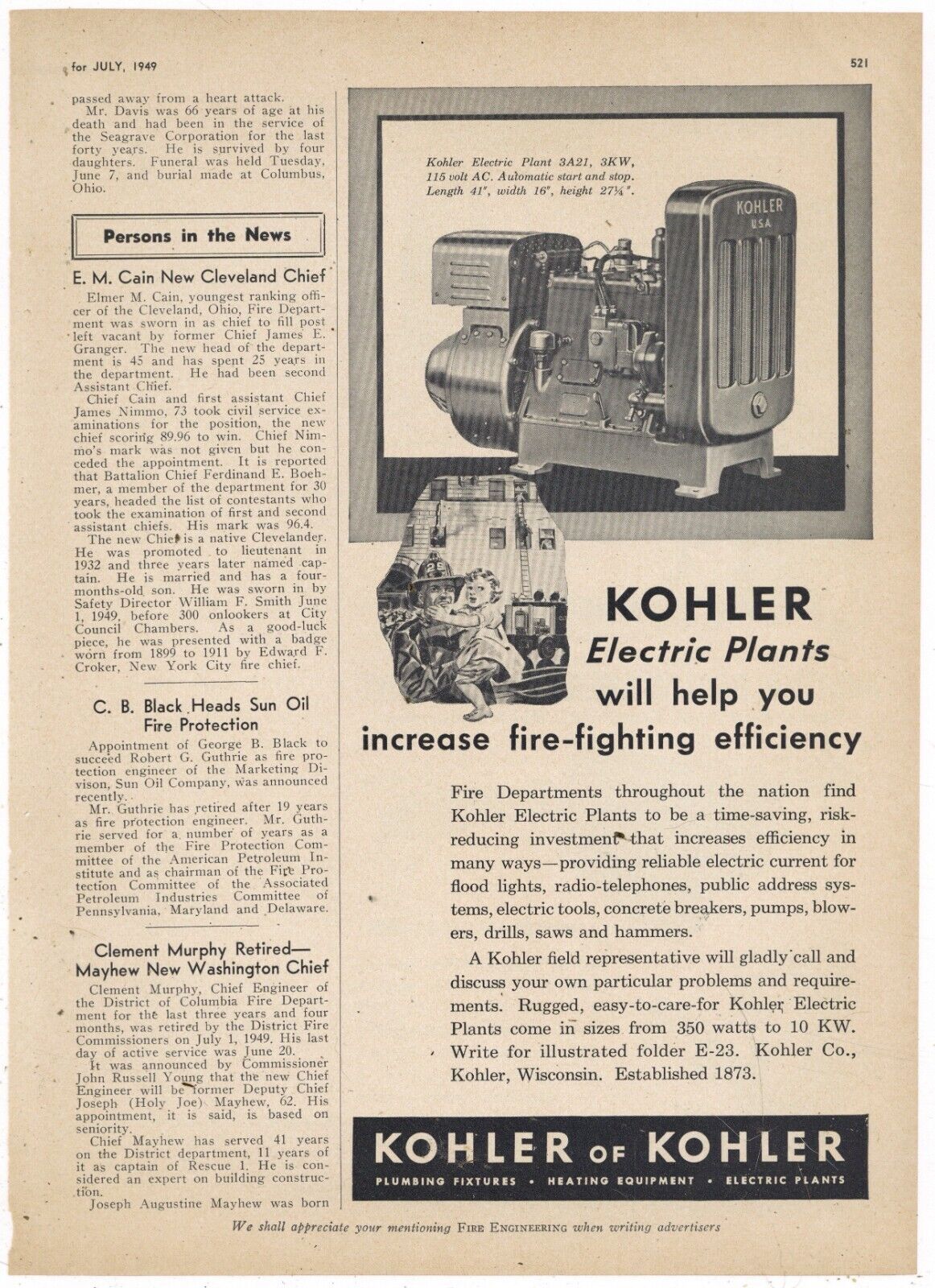 1949 Koehler of Koehler Ad: Electric Power Plant Model 3A21, 3KW for Fire Depts.