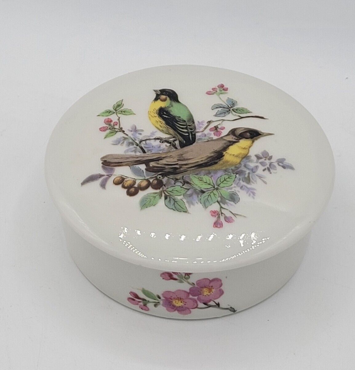 Vintage Limoges Round Porcelain Trinket Box Birds & Flowers France
