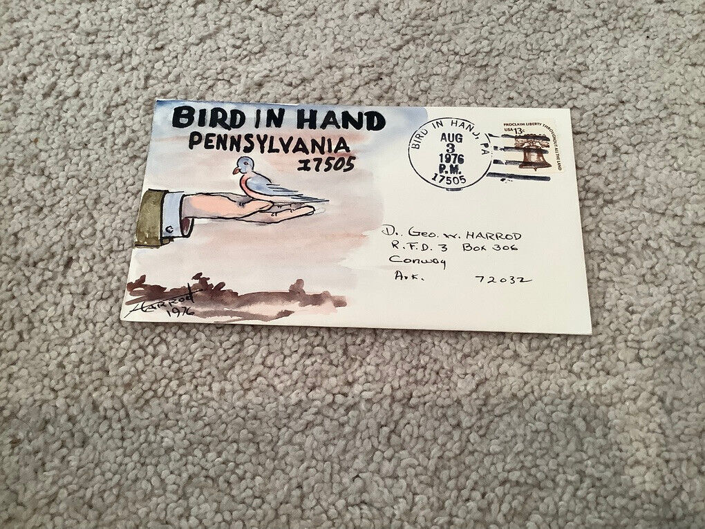 1976 BIRD IN HAND, PA.: Signed FOLK ART WATERCOLOR Postal Cover GEORGE HARROD