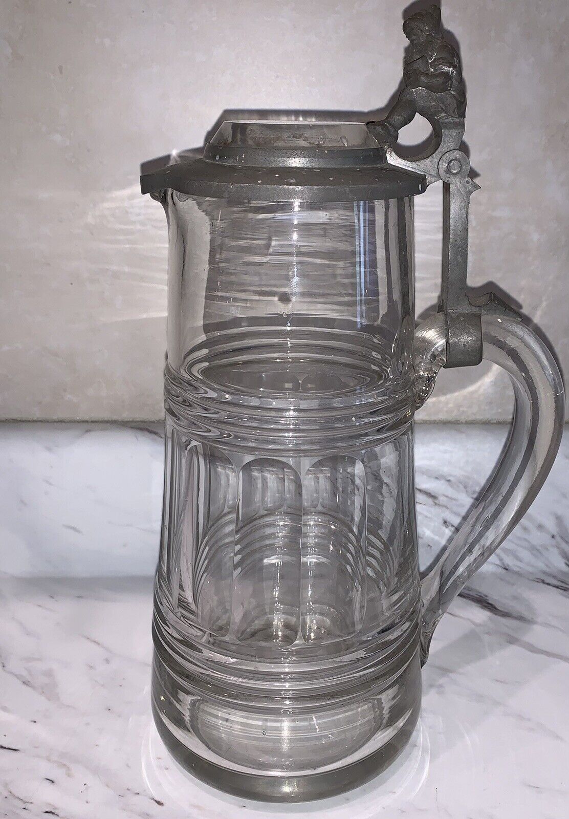 Antique German Glass Lidded Stein Pitcher Gnome Dwarf 13” High