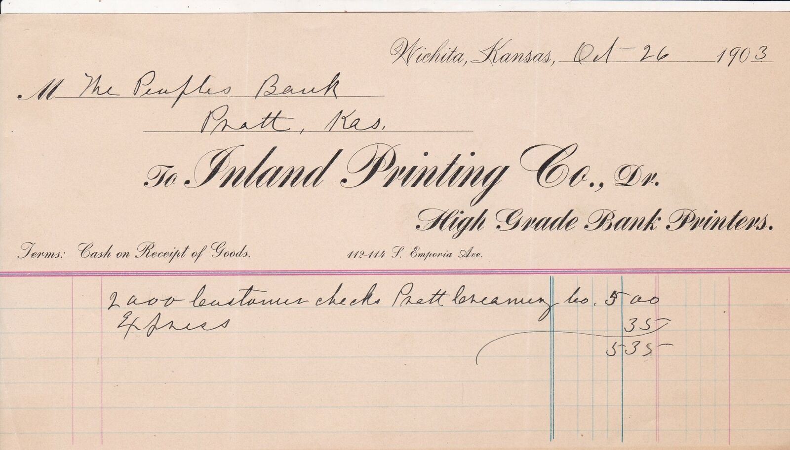 U.S. INLAND PRINTING CO. High Grade Bank Printers 1903 Headed Invoice Ref 44513