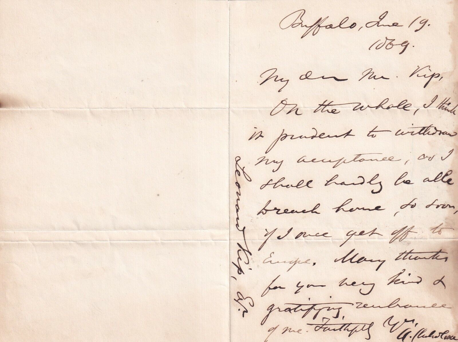 1869 1-page Arthur A. Cleveland Coxe letter Second Episcopal Bishop of New York