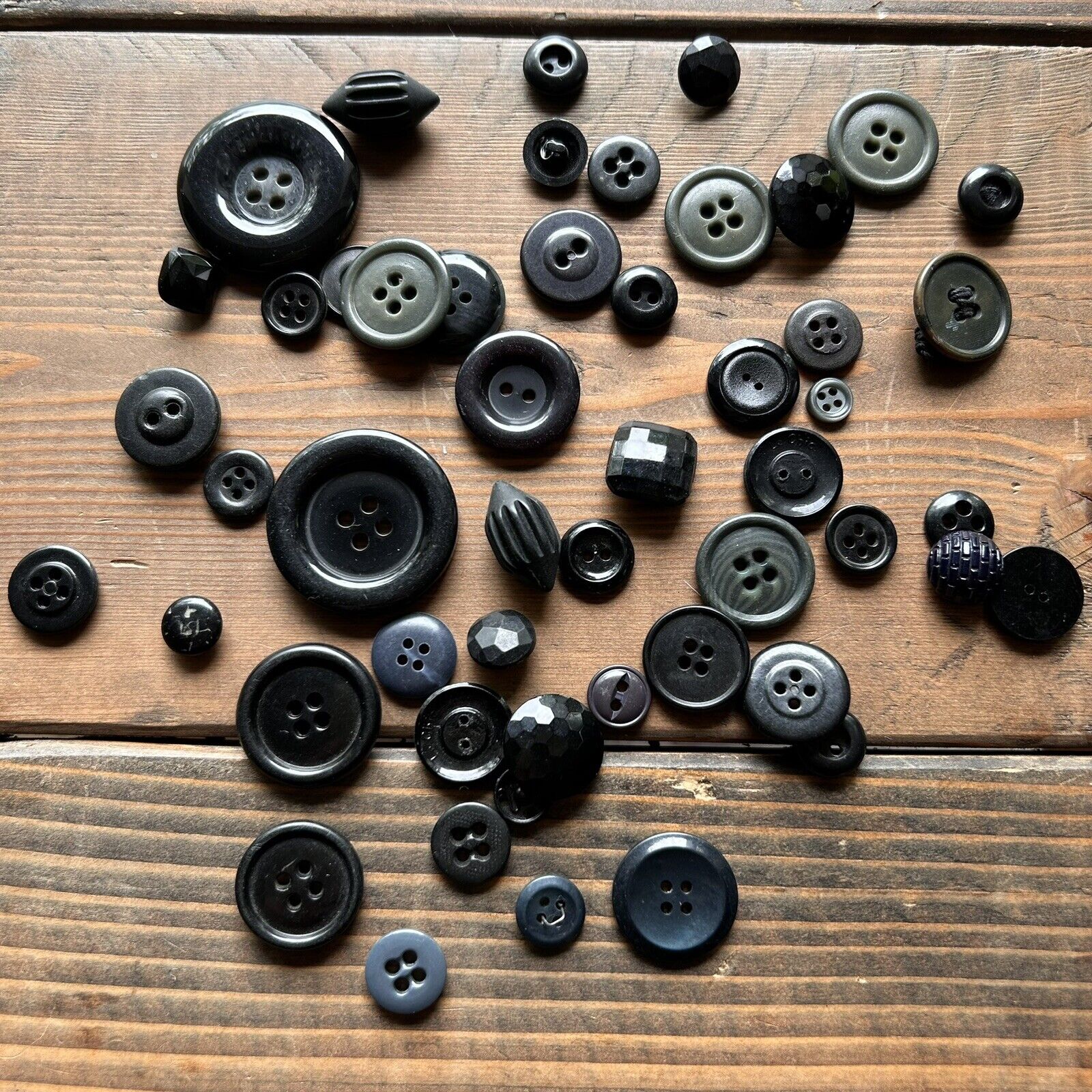 Lot Antique Vintage Assorted Black Gray Buttons Varying Sizes Shapes Materials
