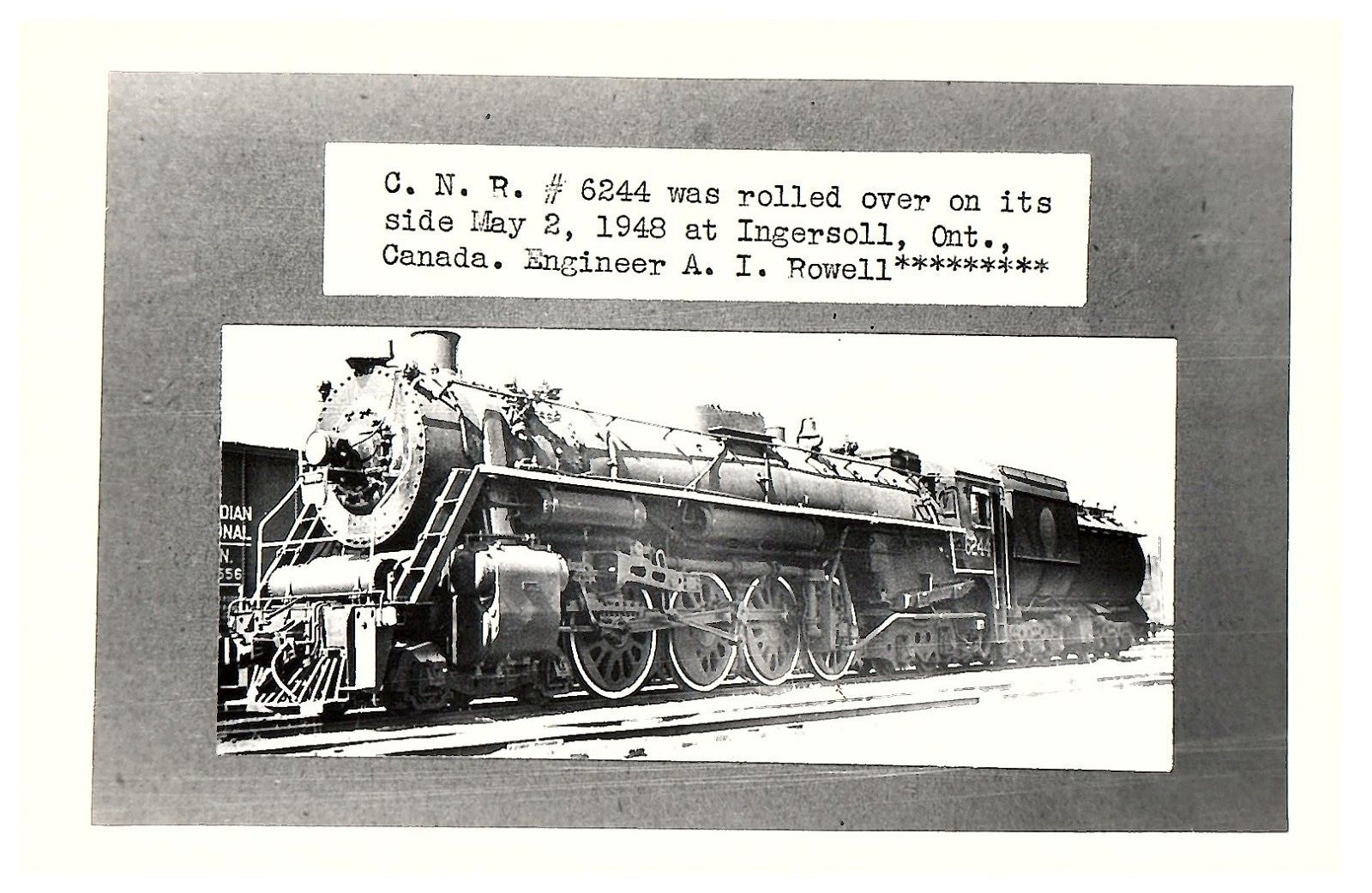 RPPC Postcard C & R 6244 Train Rolled on its Side Ingersoll Ontario Canada
