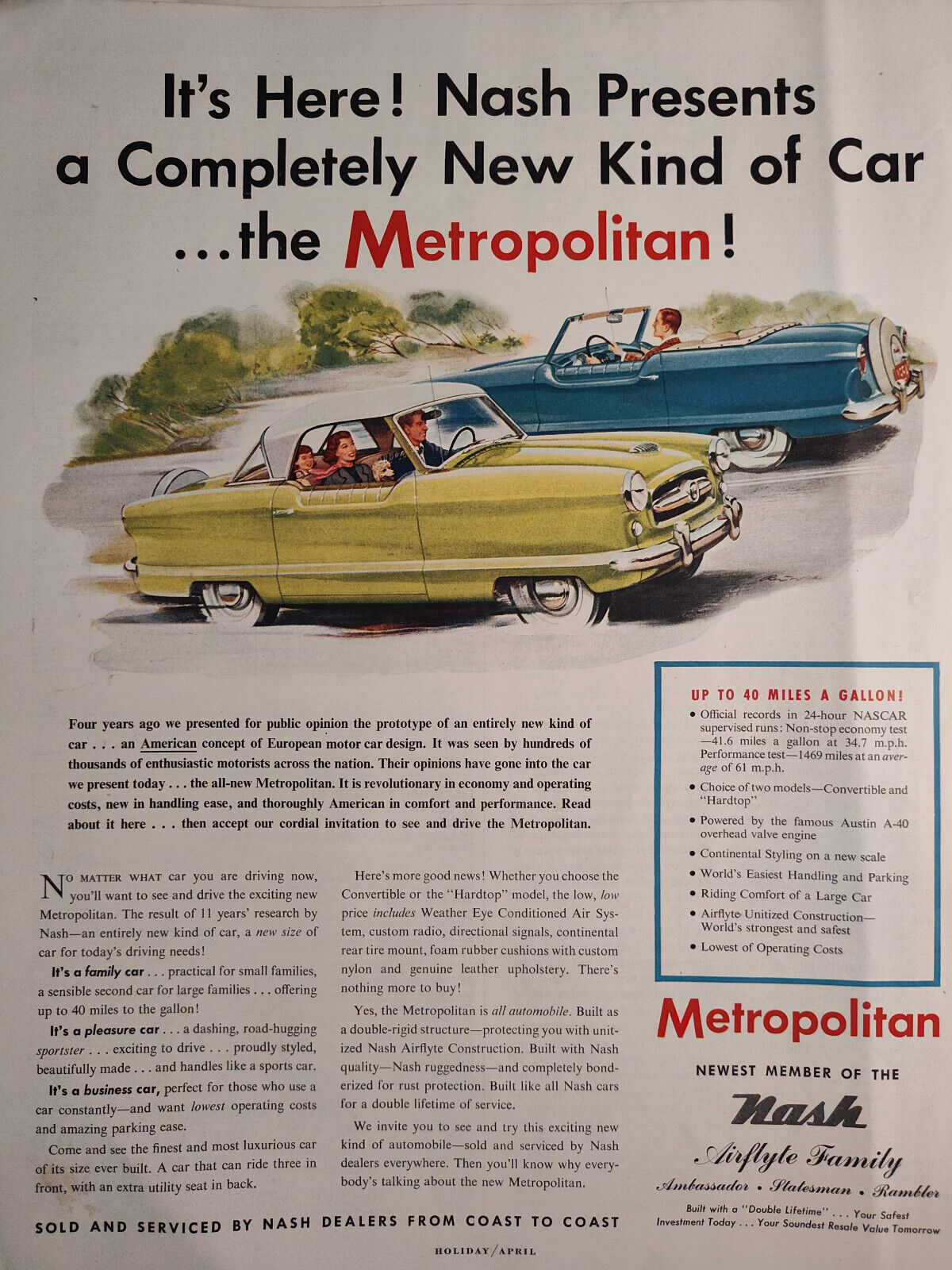 1954 Holiday Original Art Ad Advertisement NASH METROPOLITAN A New Kind of Car