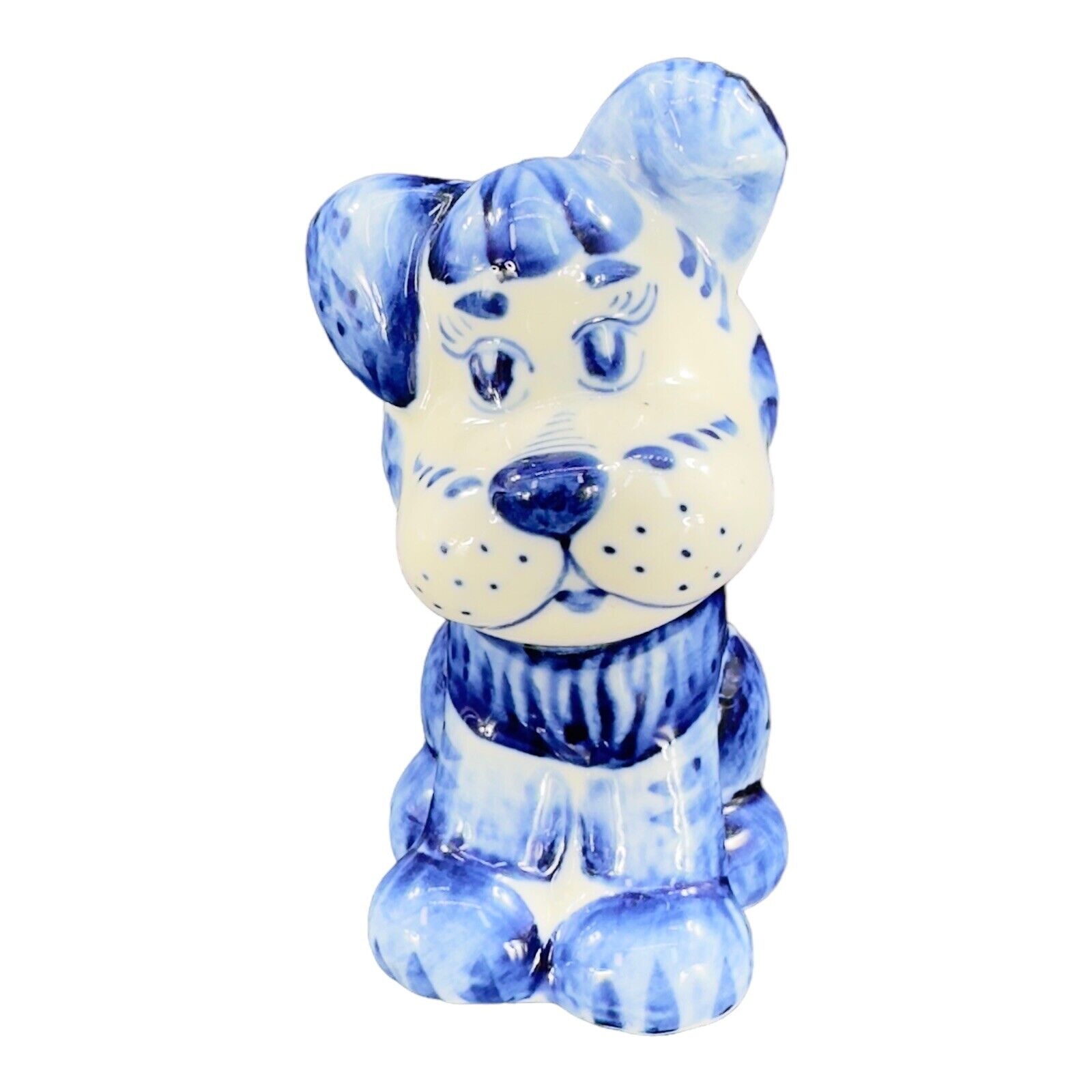 Gzhel Porcelain Ceramic Dog Figurine Handmade made in Russia Blue White Vintage