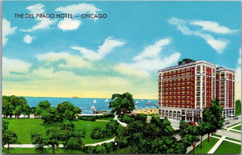 c1950s CHICAGO Illinois Postcard THE DEL PRADO HOTEL Aerial View / Lake Michigan