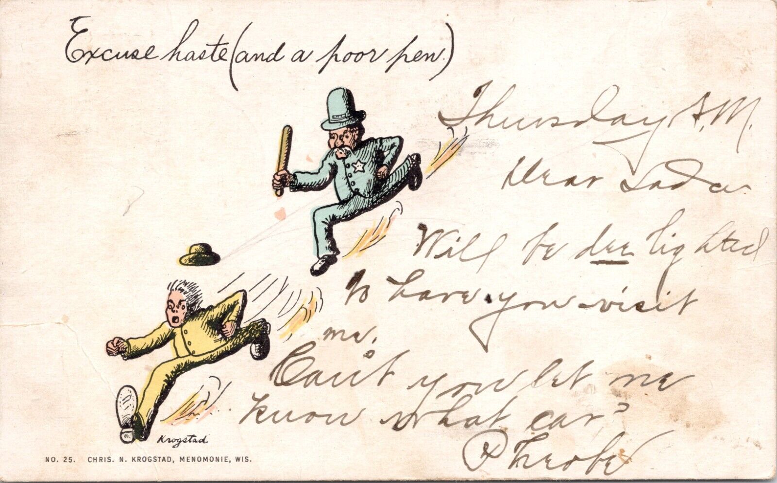 C.1906 Comic Police Officer Cop Chasing Man Humor Chris Krogstad Postcard 136b