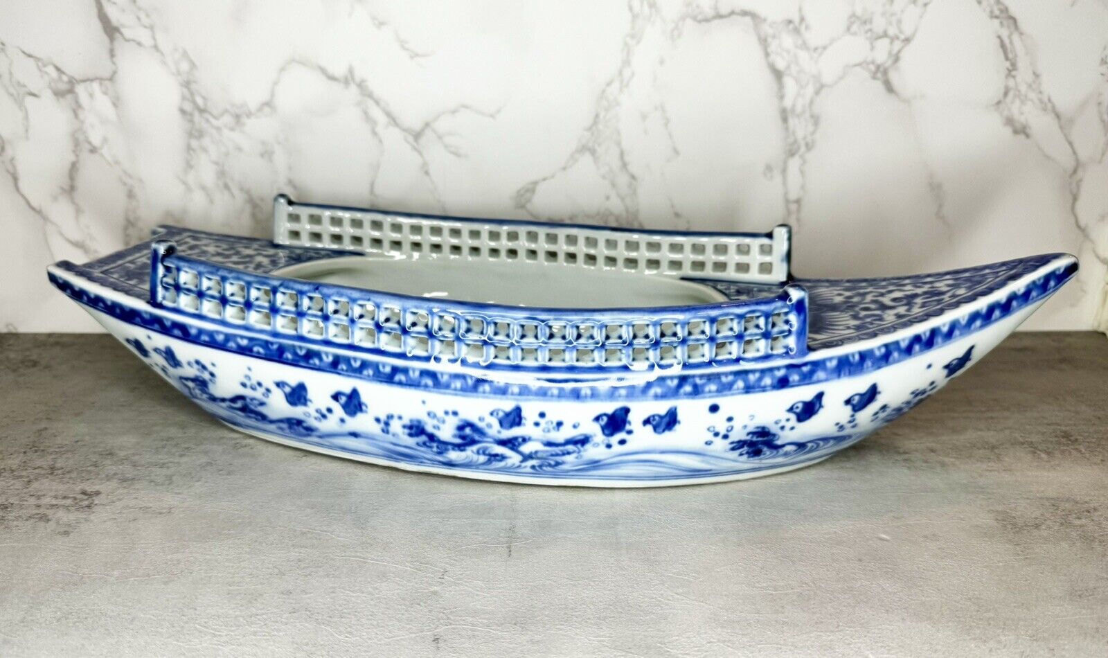 Large Vintage Japanese Hirado Ceramic Blue & White Vegetable Boat Dish Decor