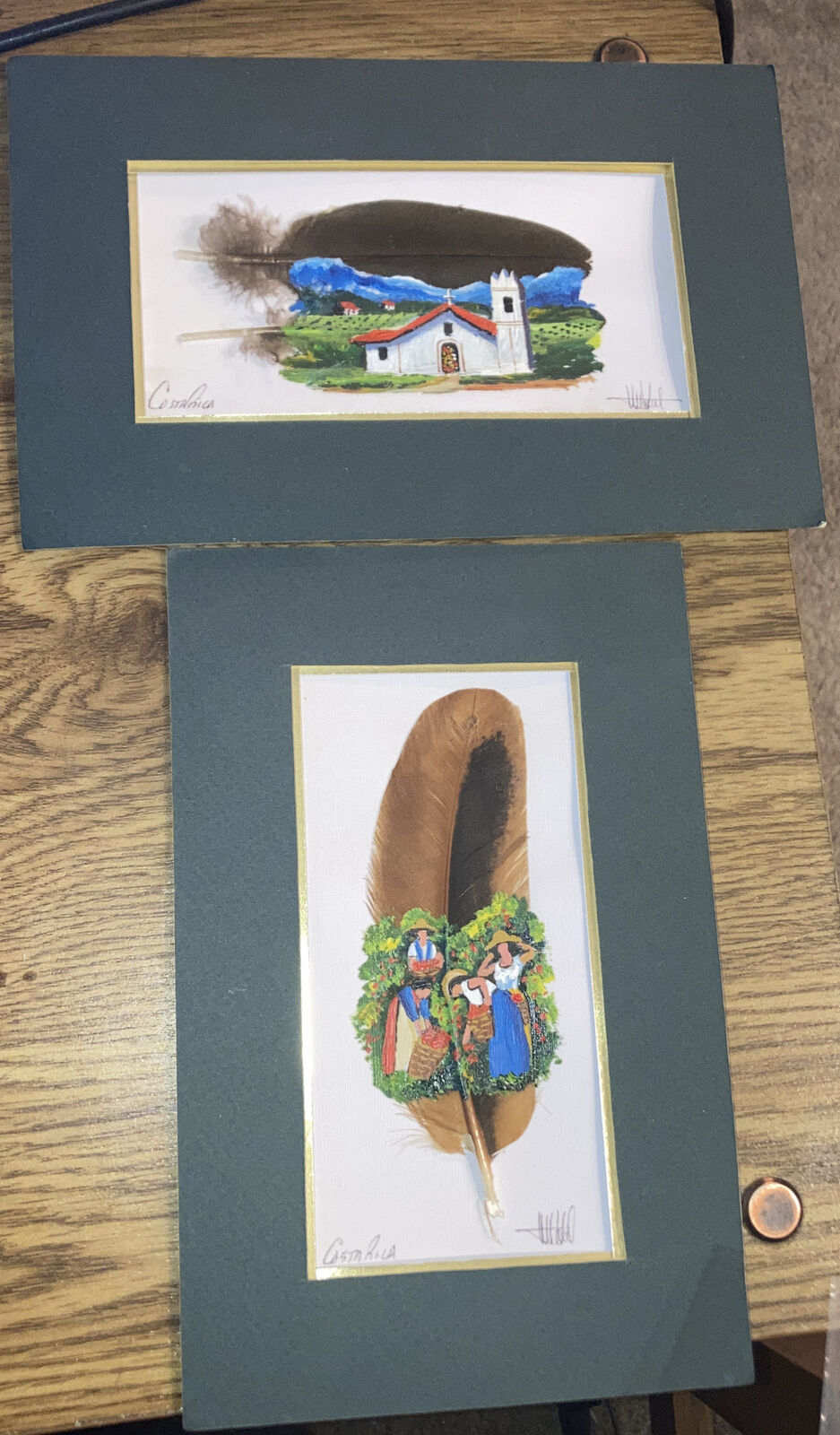 Vintage Costa Rican Feather Art;  2 Paintings, Signed and Matted 6\