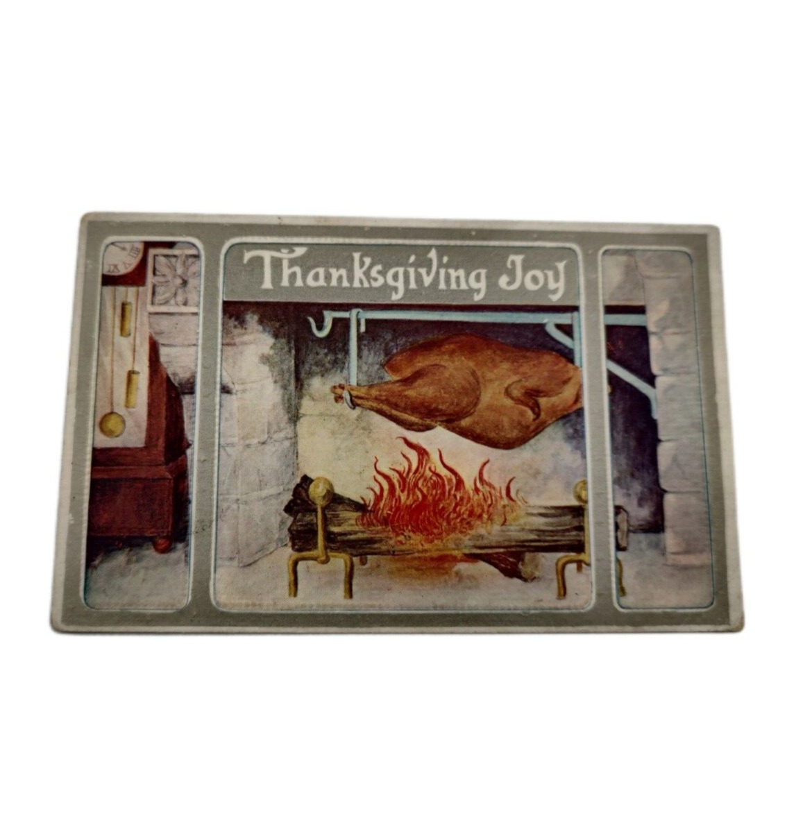 Postcard Thanksgiving Joy Turkey Cooking over Fireplace Embossed