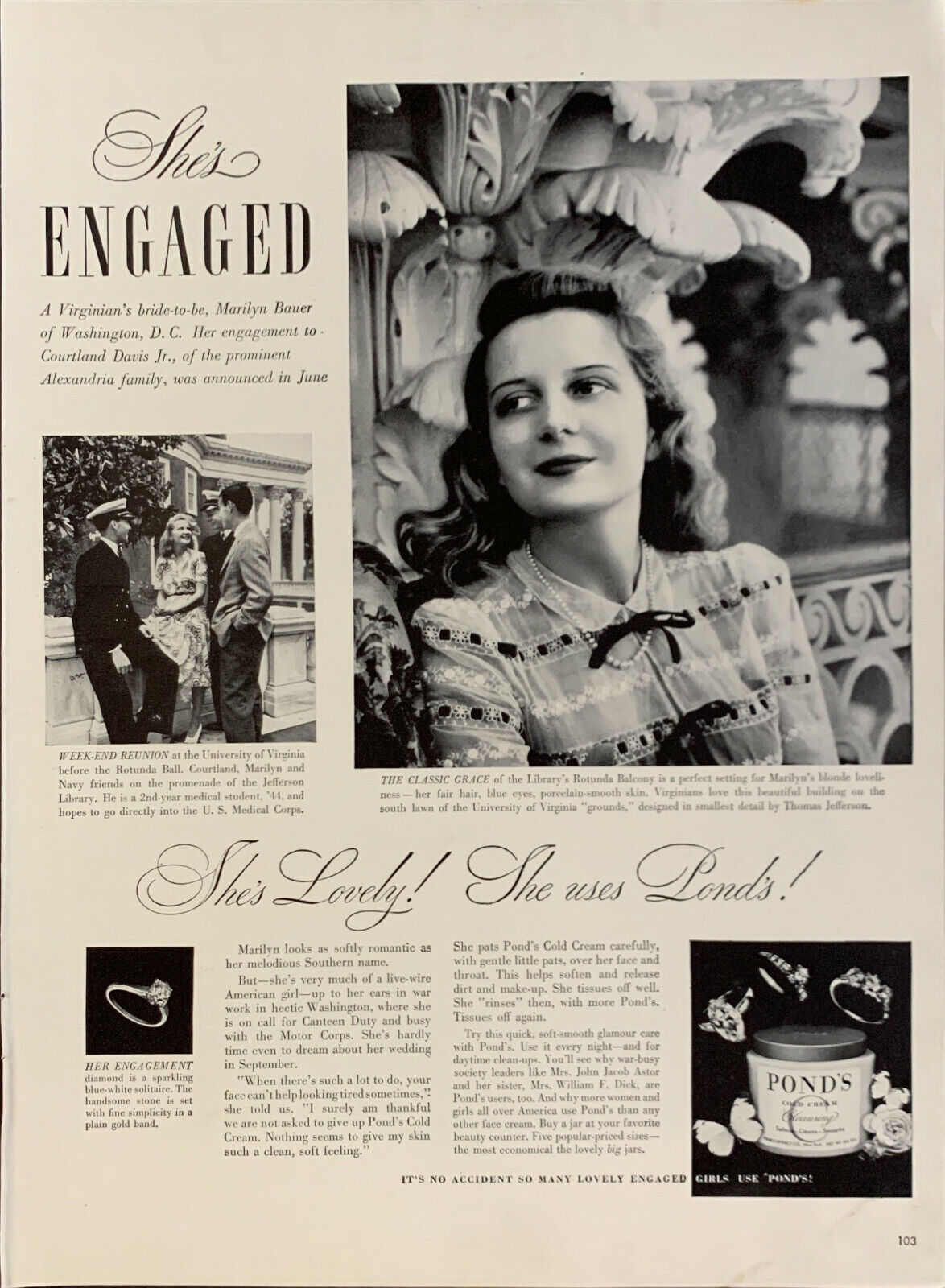 Vintage 1942 She\'s Engaged And She Uses Pond\'s Cold Cream Print Ad Advertisement
