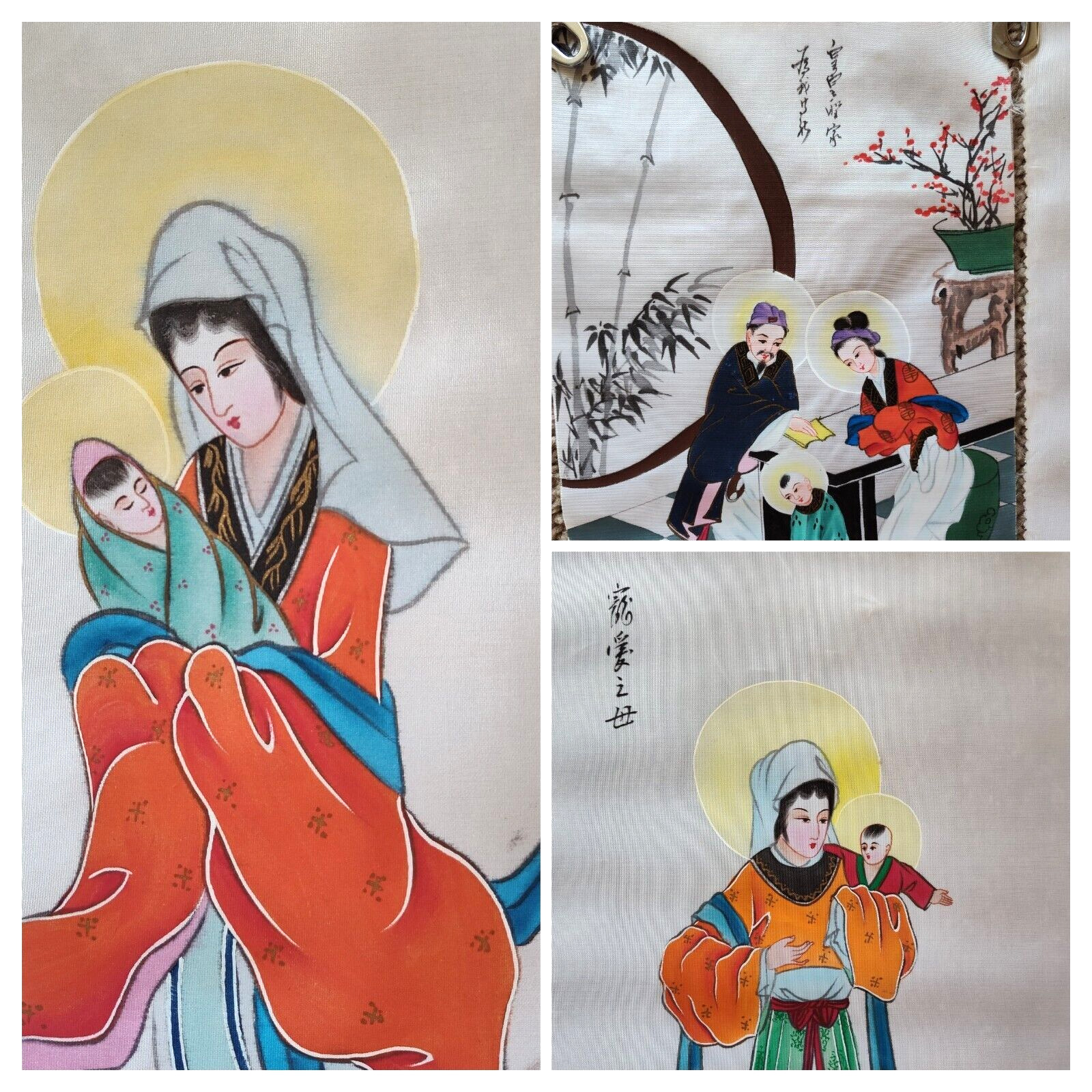Lot of 3 Vintage Japanese Silk Paintings Madonna Jesus Holy Family