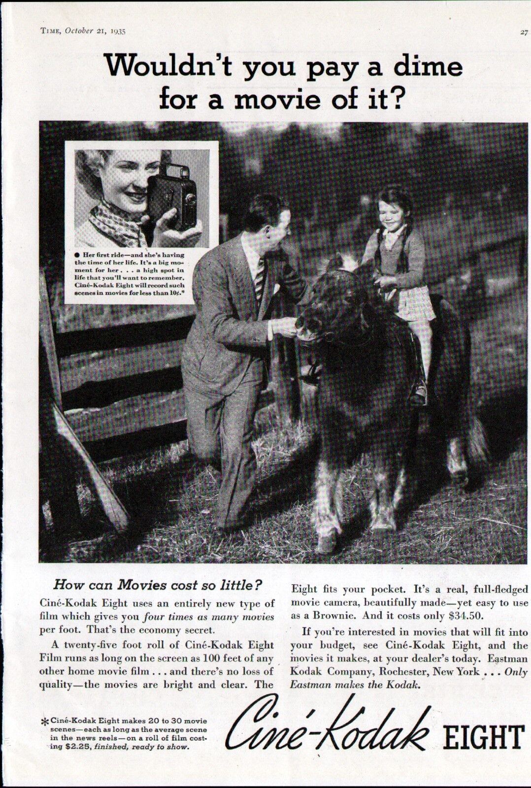 1935 CINE\'-KODAK EIGHT AD- A DIME FOR A MOVIE??