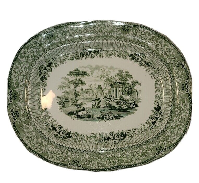 Antique English Transfer Ware Ridgways Green Grecian Pattern 13” Platter