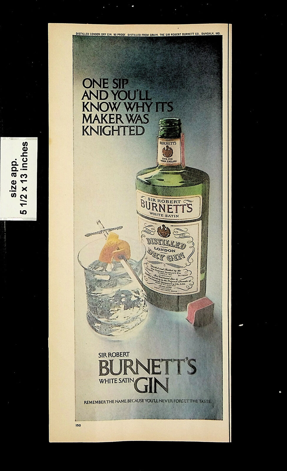 1971 Sir Robert Burnett White Satin Gin Vintage Print Ad 22196