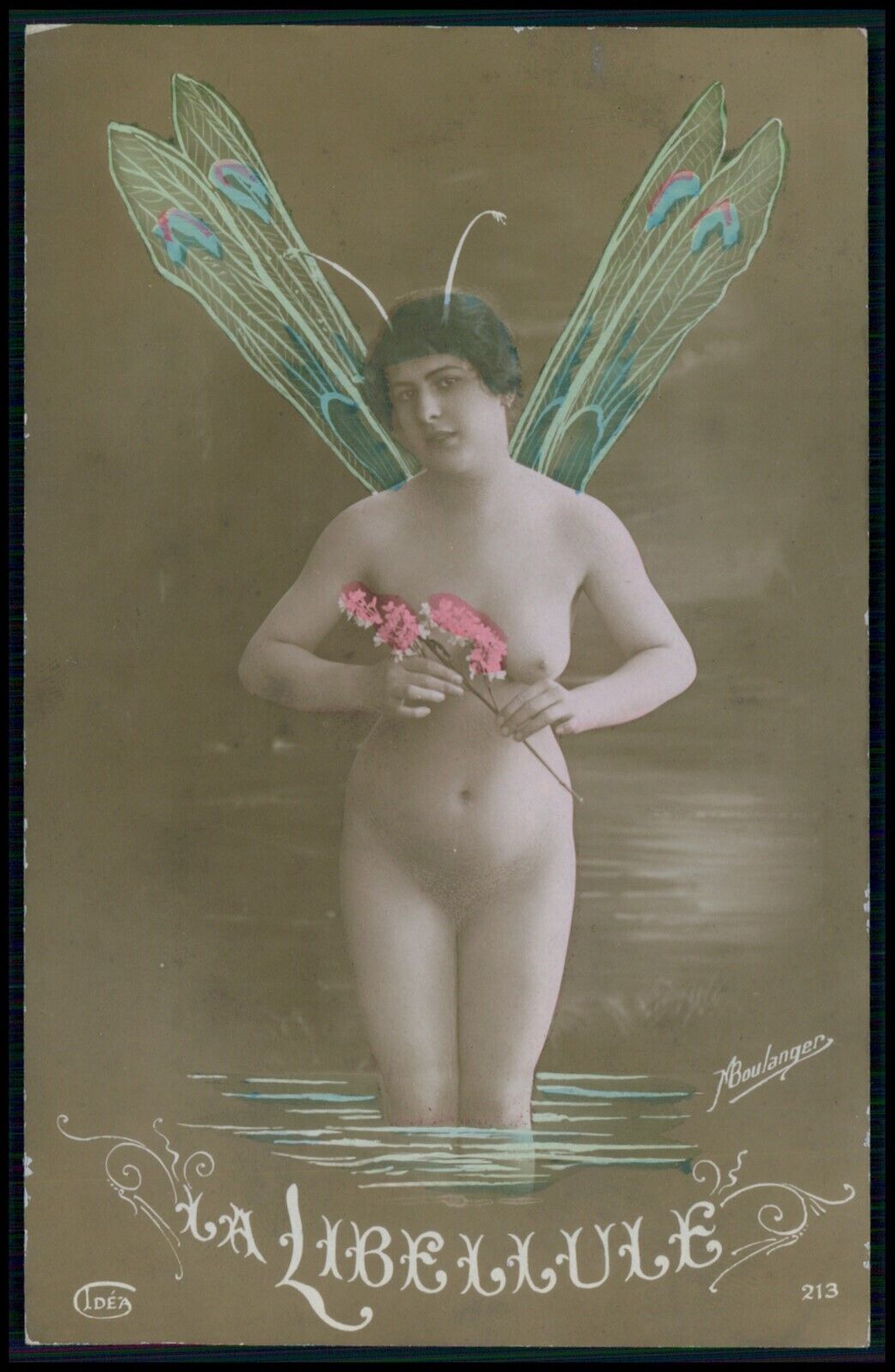 aa French nude woman Bug photomontage original 1910s tinted color photo postcard