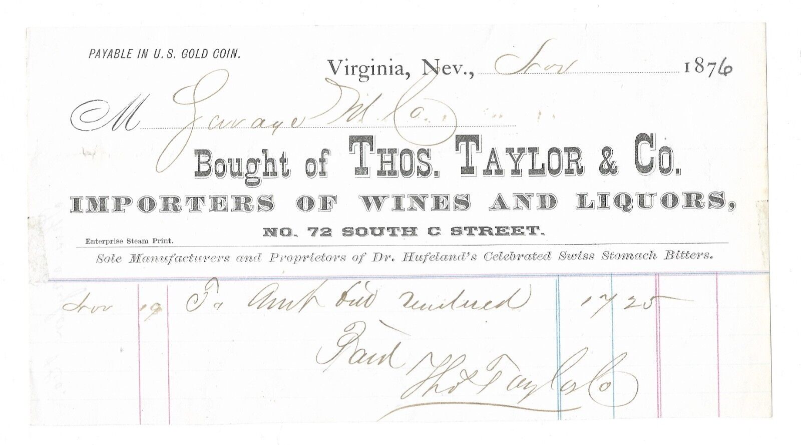 1876 VIRGINIA CITY, NEVADA Billhead: Thos. Taylor Whiskey - Pair w/ Bottle (NV)