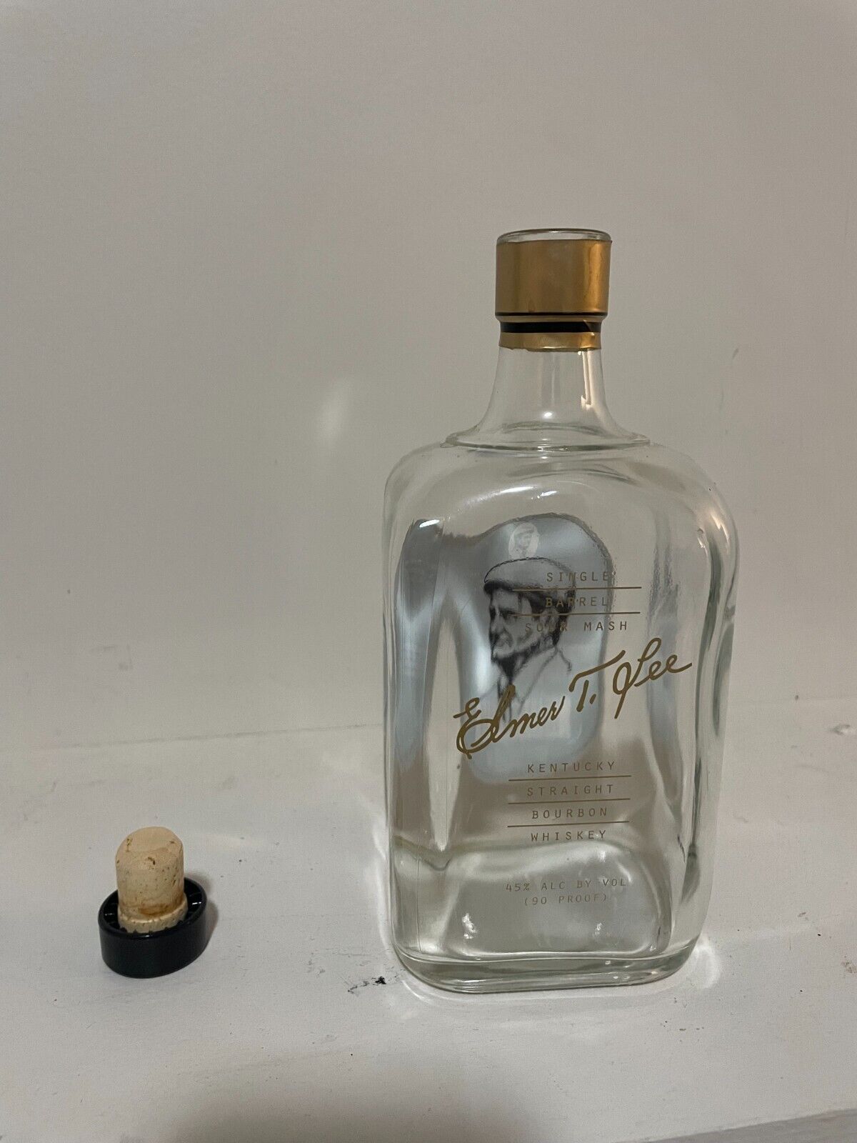 Empty Elmer T Lee  Kentucky bourbon whiskey bottle with cork